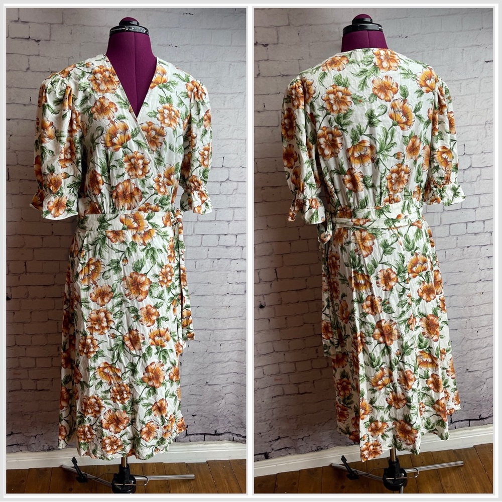 Happy Nature size large linen blend midi wrap dress
